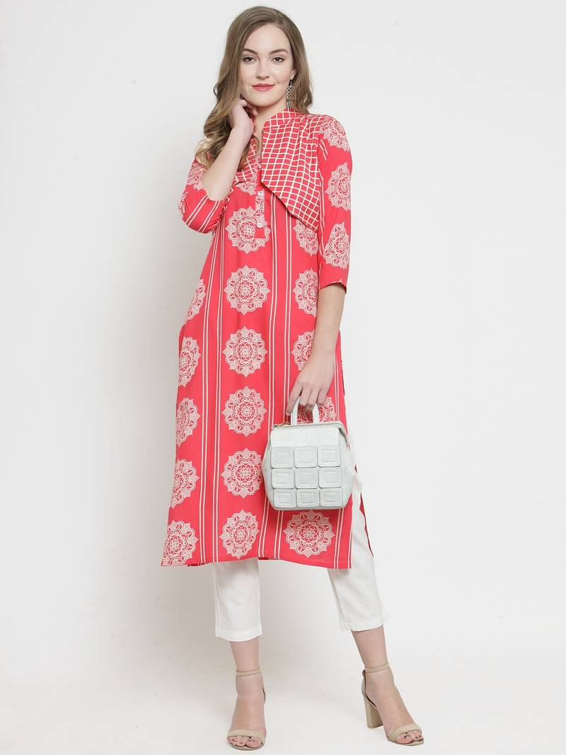 Indibelle Pink Rayon Printed Straight Kurta With Short Jacket With Trouser