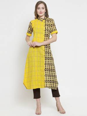 Indibelle Yellow Cotton Slub Double Print A-line Kurta With Trouser 1