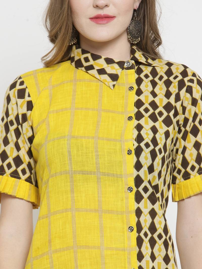 Indibelle Yellow Cotton Slub Double Print A-line Kurta With Trouser