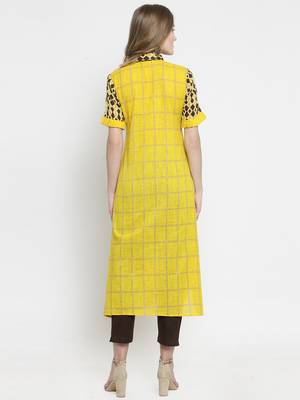 Indibelle Yellow Cotton Slub Double Print A-line Kurta With Trouser 3