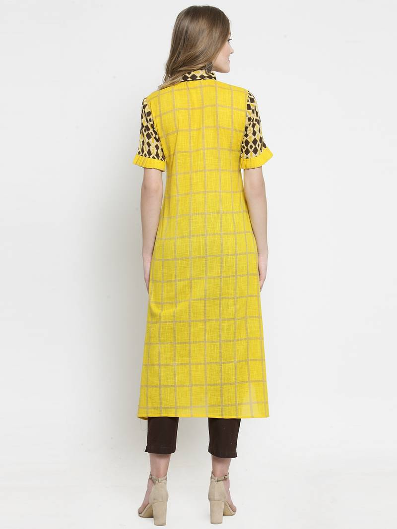 Indibelle Yellow Cotton Slub Double Print A-line Kurta With Trouser