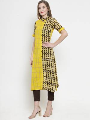 Indibelle Yellow Cotton Slub Double Print A-line Kurta With Trouser 4