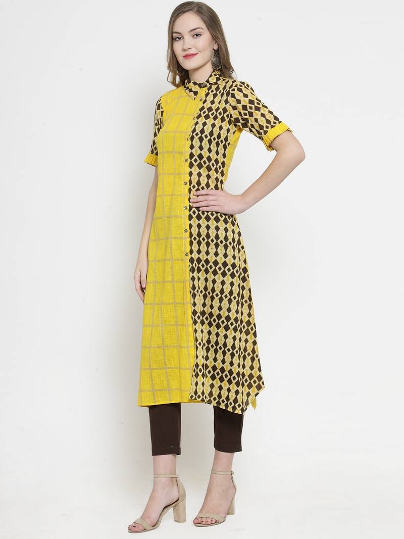 Indibelle Yellow Cotton Slub Double Print A-line Kurta With Trouser