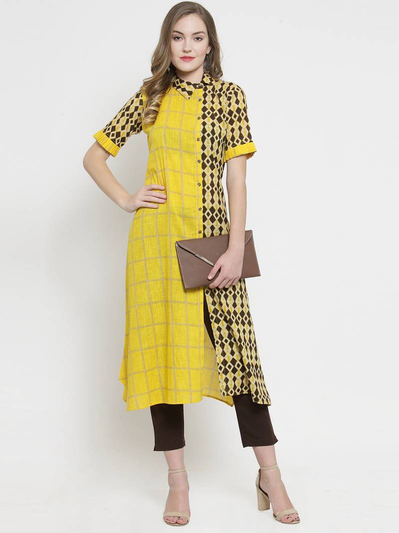Indibelle Yellow Cotton Slub Double Print A-line Kurta With Trouser