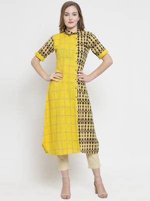 Indibelle Yellow Cotton Slub Double Print A-line Kurta With Trouser 1