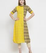 Indibelle Yellow Cotton Slub Double Print A-line Kurta With Trouser
