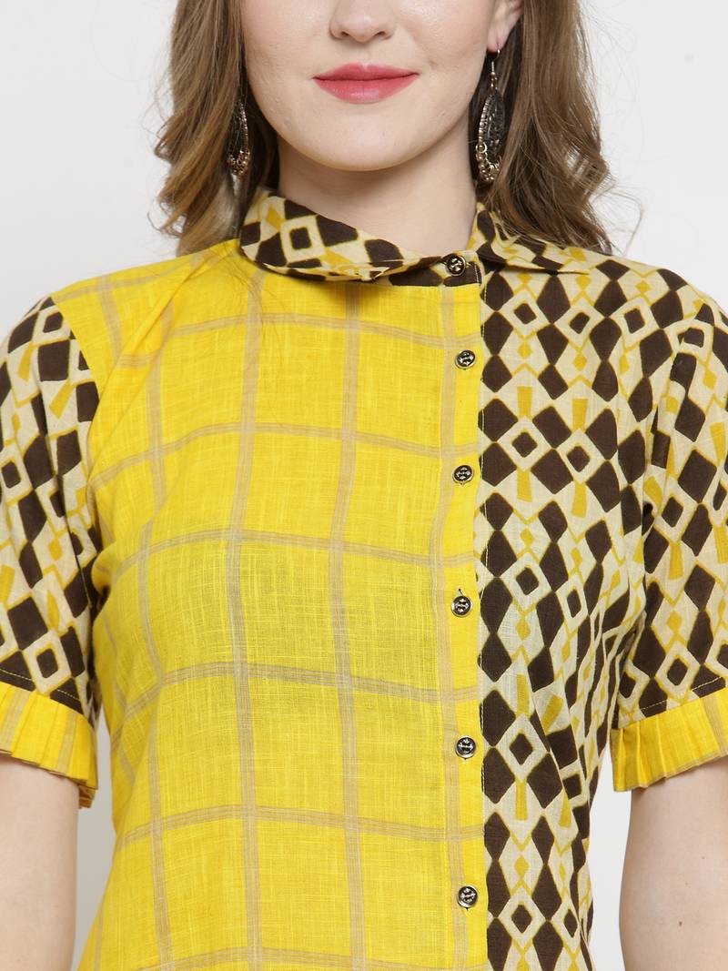 Indibelle Yellow Cotton Slub Double Print A-line Kurta With Trouser