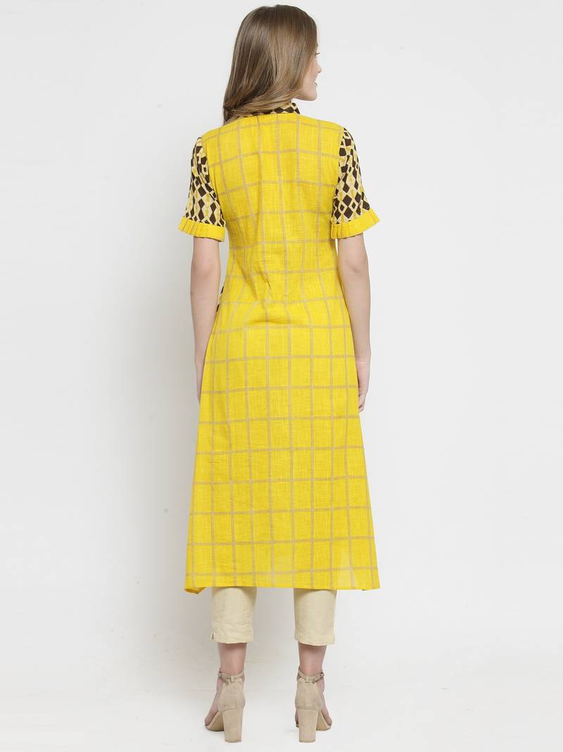 Indibelle Yellow Cotton Slub Double Print A-line Kurta With Trouser