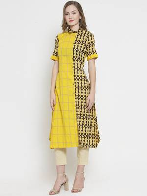 Indibelle Yellow Cotton Slub Double Print A-line Kurta With Trouser 4