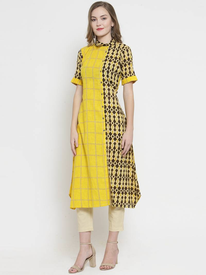 Indibelle Yellow Cotton Slub Double Print A-line Kurta With Trouser