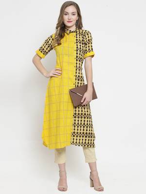 Indibelle Yellow Cotton Slub Double Print A-line Kurta With Trouser 5