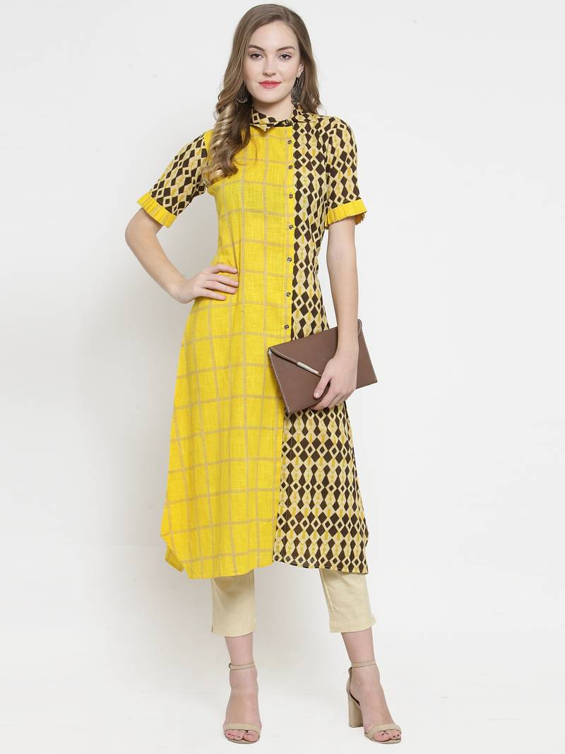 Indibelle Yellow Cotton Slub Double Print A-line Kurta With Trouser