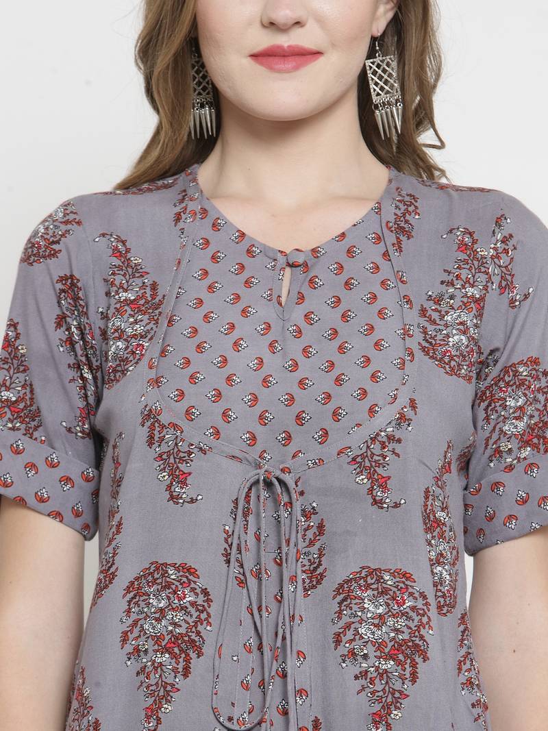 Indibelle Grey Rayon Floral Print Double Layer Straight Kurta With Trouser