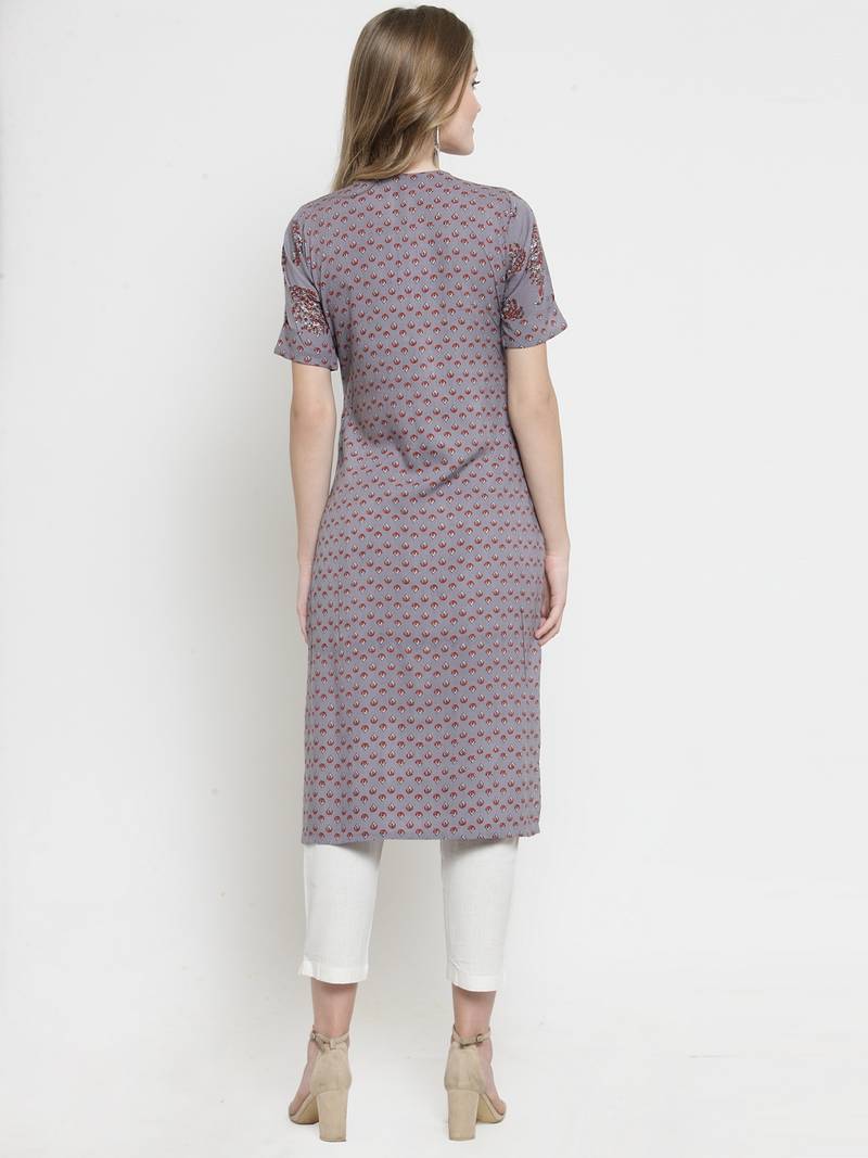 Indibelle Grey Rayon Floral Print Double Layer Straight Kurta With Trouser