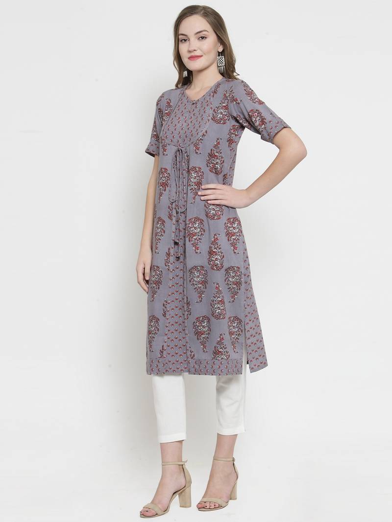 Indibelle Grey Rayon Floral Print Double Layer Straight Kurta With Trouser