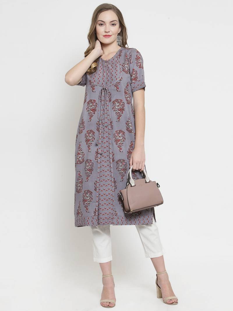 Indibelle Grey Rayon Floral Print Double Layer Straight Kurta With Trouser