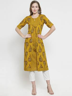 Indibelle Mustard Rayon Print Double Layer Straight Kurta With Trouser 1