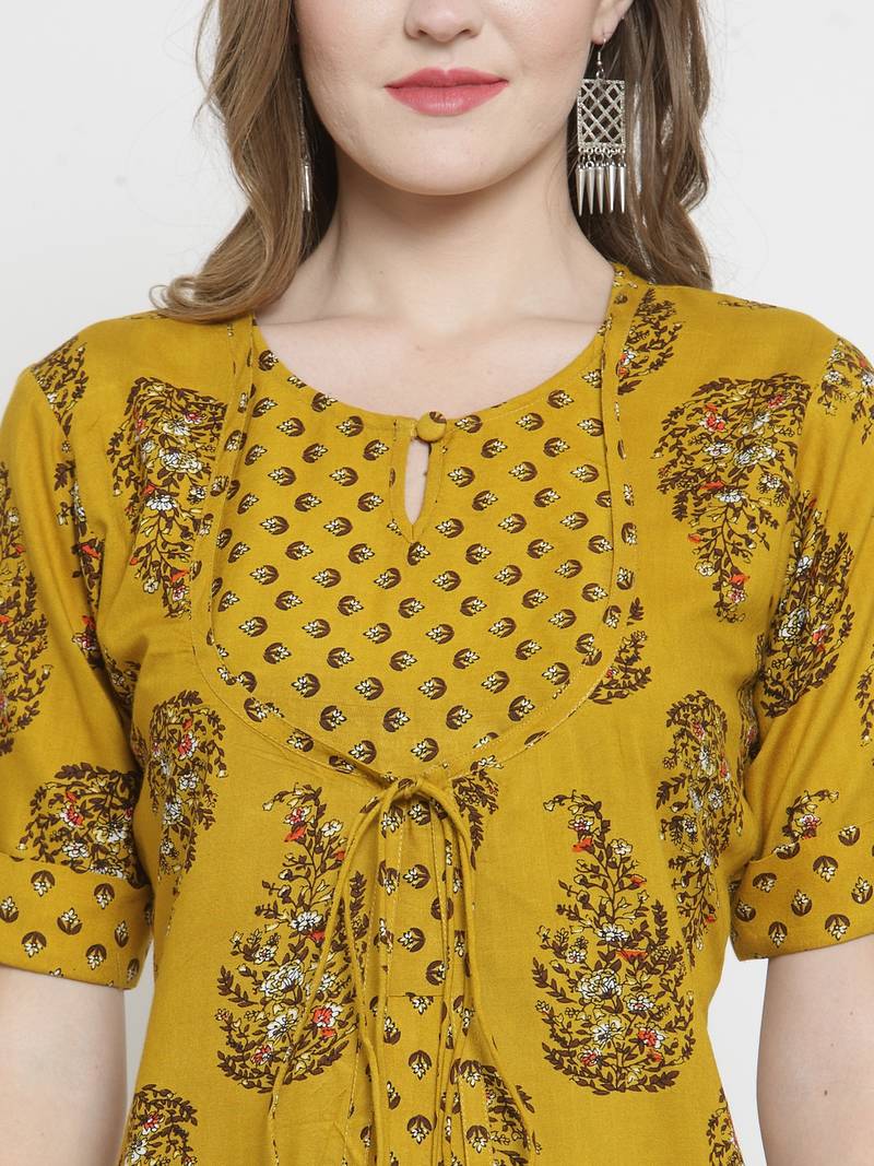Indibelle Mustard Rayon Print Double Layer Straight Kurta With Trouser
