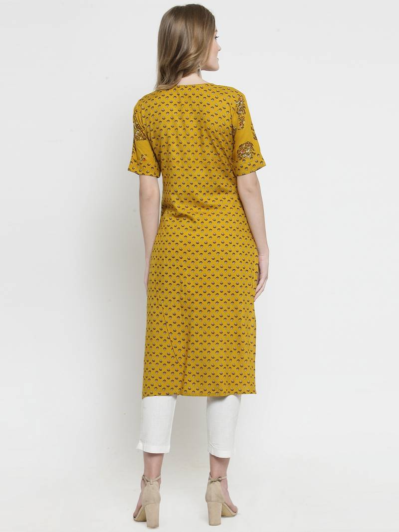Indibelle Mustard Rayon Print Double Layer Straight Kurta With Trouser
