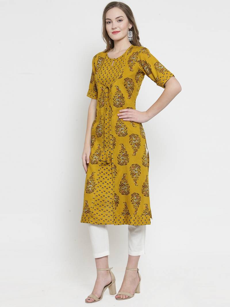 Indibelle Mustard Rayon Print Double Layer Straight Kurta With Trouser