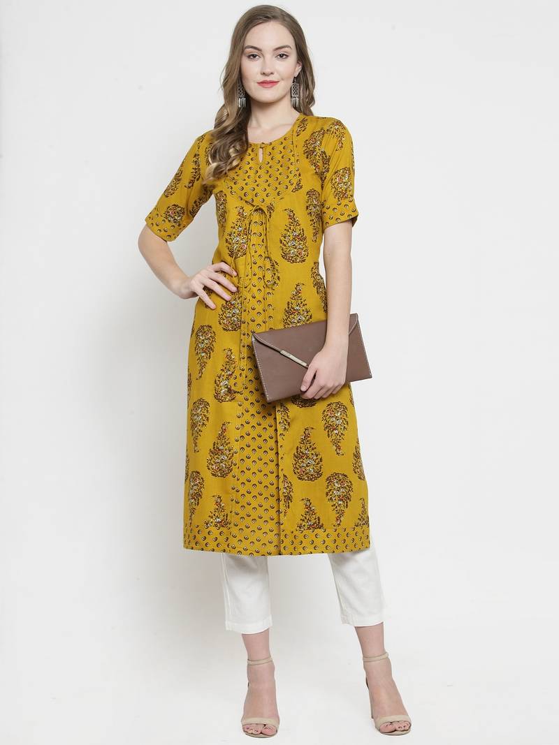 Indibelle Mustard Rayon Print Double Layer Straight Kurta With Trouser