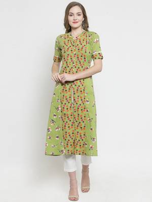 Indibelle yellow Green Cotton Double Florel Print A-line Kurta With Trouser 1
