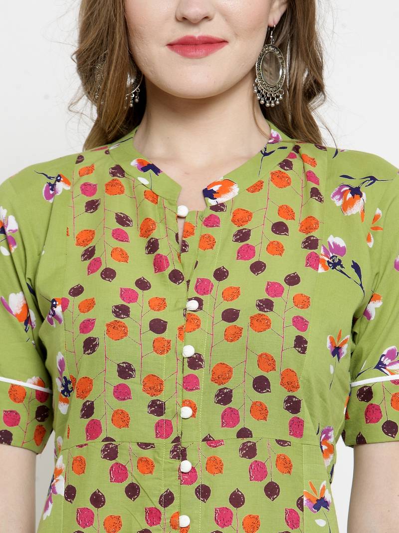 Indibelle yellow Green Cotton Double Florel Print A-line Kurta With Trouser