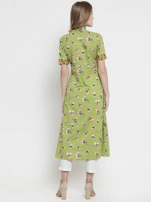 Indibelle yellow Green Cotton Double Florel Print A-line Kurta With Trouser 3