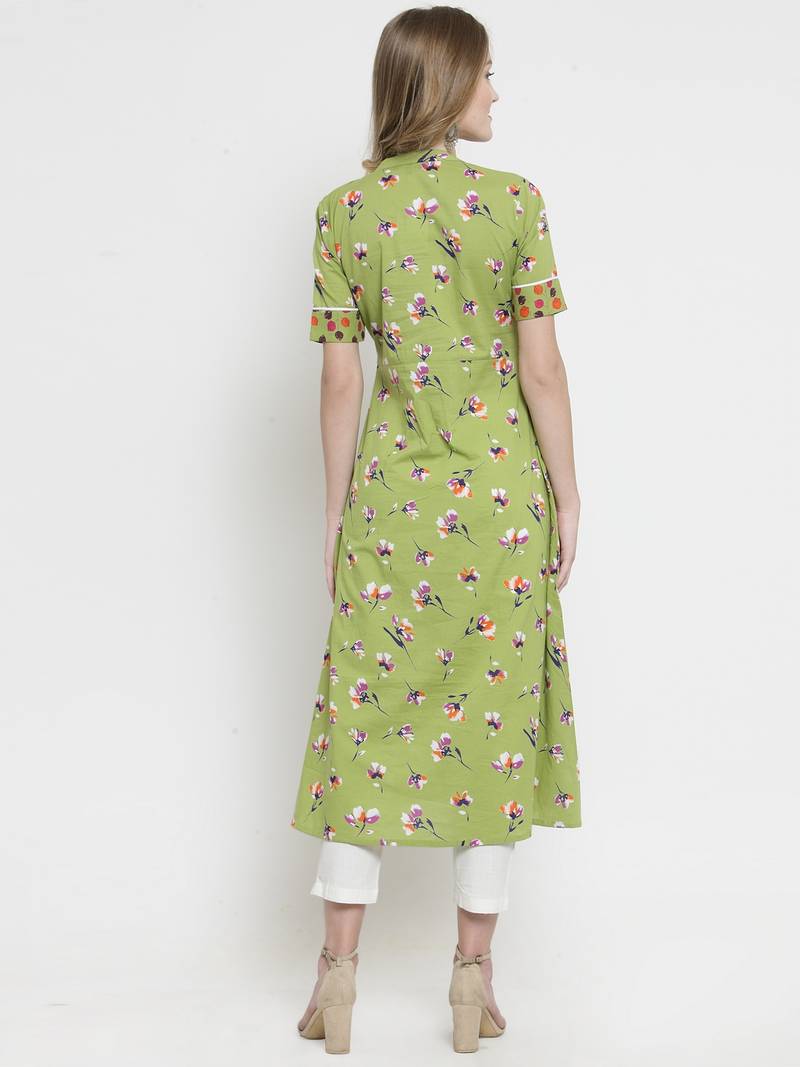 Indibelle yellow Green Cotton Double Florel Print A-line Kurta With Trouser