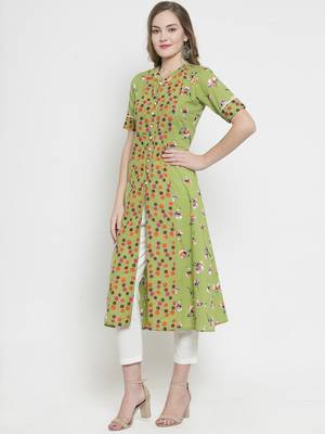 Indibelle yellow Green Cotton Double Florel Print A-line Kurta With Trouser 4