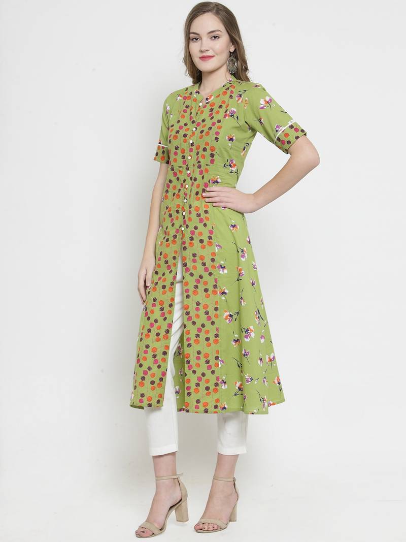 Indibelle yellow Green Cotton Double Florel Print A-line Kurta With Trouser