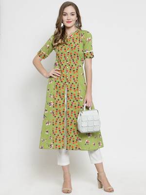 Indibelle yellow Green Cotton Double Florel Print A-line Kurta With Trouser 5