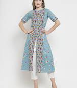Indibelle Sky Blue Cotton Double Florel Print A-line Kurta With Trouser