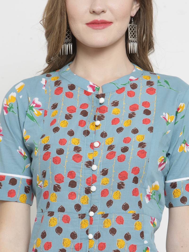Indibelle Sky Blue Cotton Double Florel Print A-line Kurta With Trouser