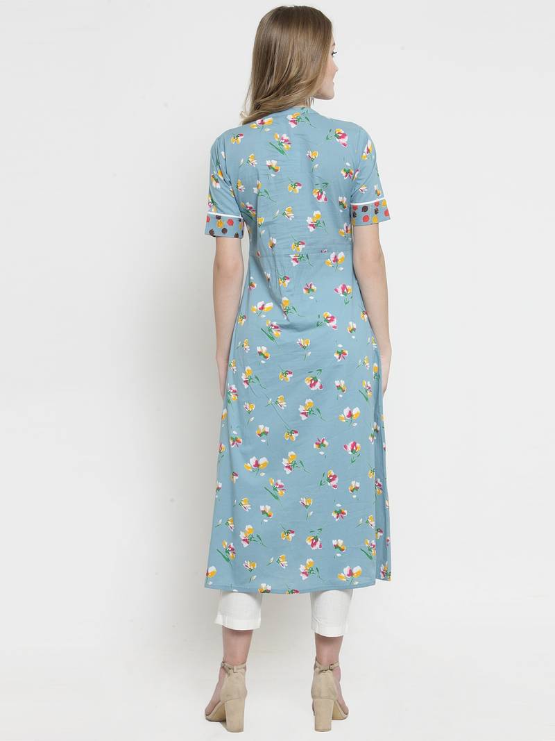 Indibelle Sky Blue Cotton Double Florel Print A-line Kurta With Trouser