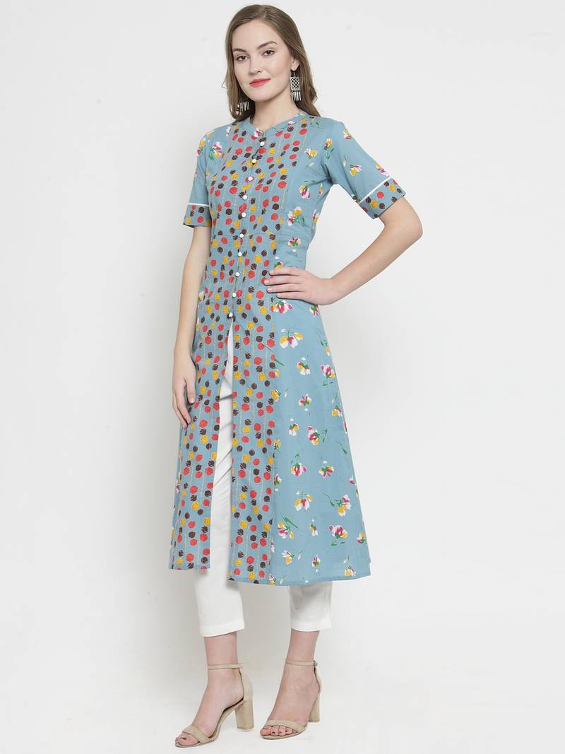 Indibelle Sky Blue Cotton Double Florel Print A-line Kurta With Trouser
