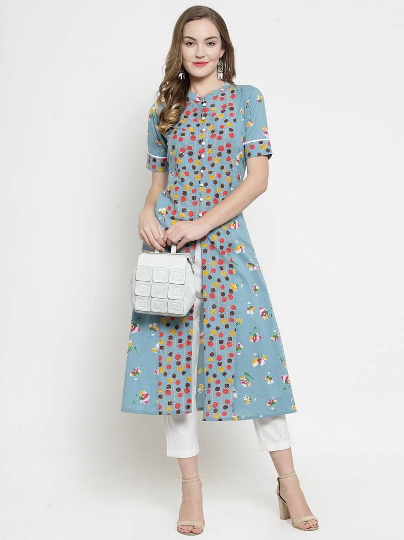 Indibelle Sky Blue Cotton Double Florel Print A-line Kurta With Trouser