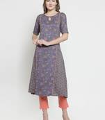 Indibelle Grey Rayon Double Printed A-line Kurta With Trouser