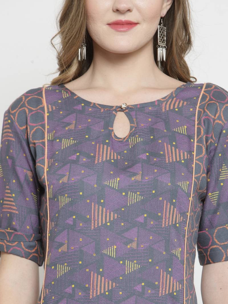 Indibelle Grey Rayon Double Printed A-line Kurta With Trouser