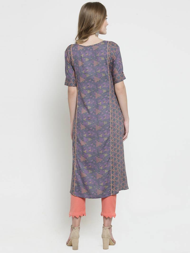 Indibelle Grey Rayon Double Printed A-line Kurta With Trouser