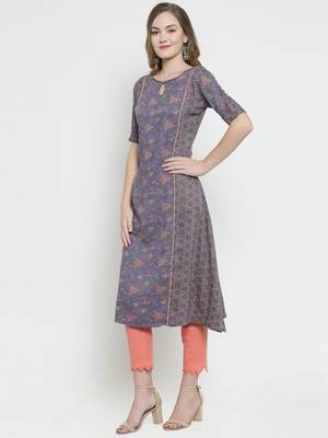 Indibelle Grey Rayon Double Printed A-line Kurta With Trouser 4