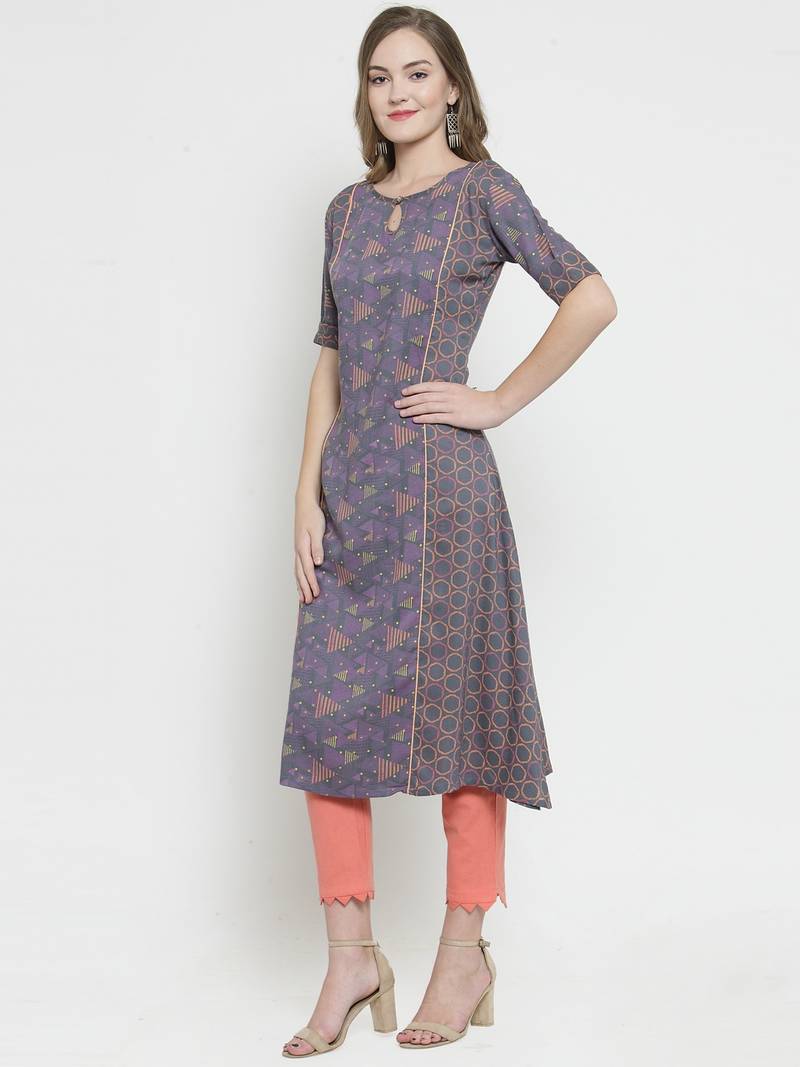 Indibelle Grey Rayon Double Printed A-line Kurta With Trouser