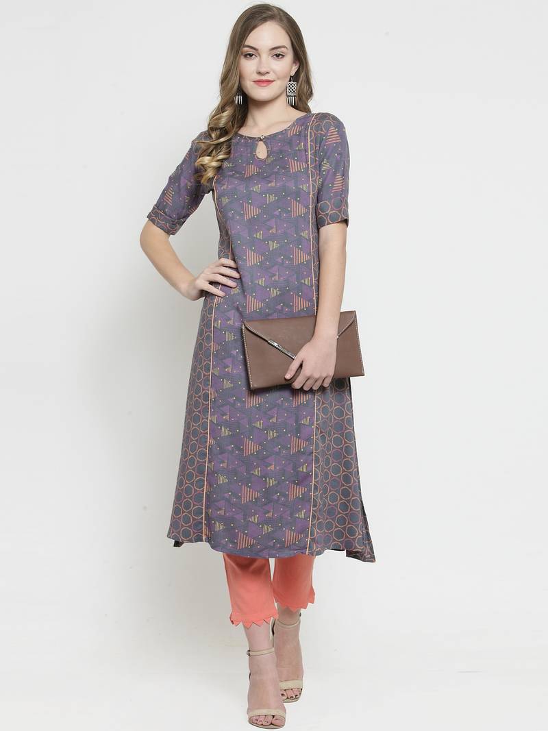 Indibelle Grey Rayon Double Printed A-line Kurta With Trouser