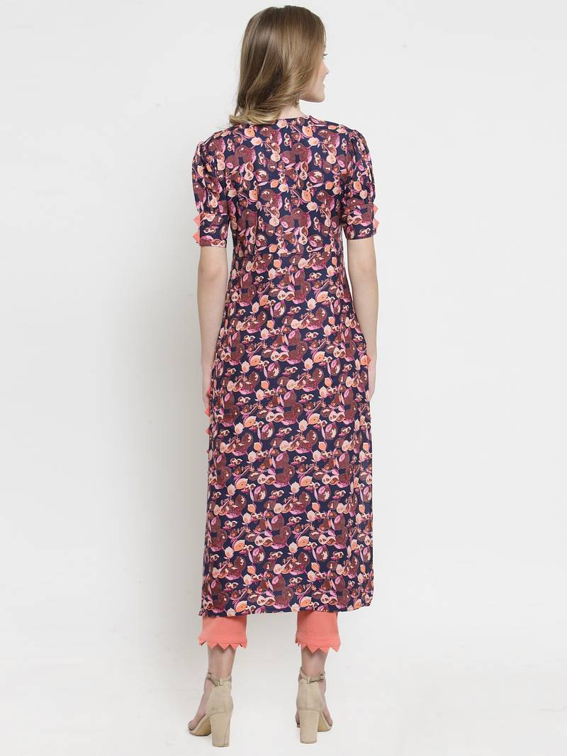 Indibelle Blue Rayon Printed Straight Kurta With Trouser