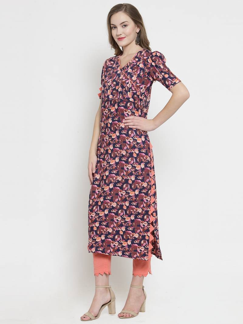 Indibelle Blue Rayon Printed Straight Kurta With Trouser