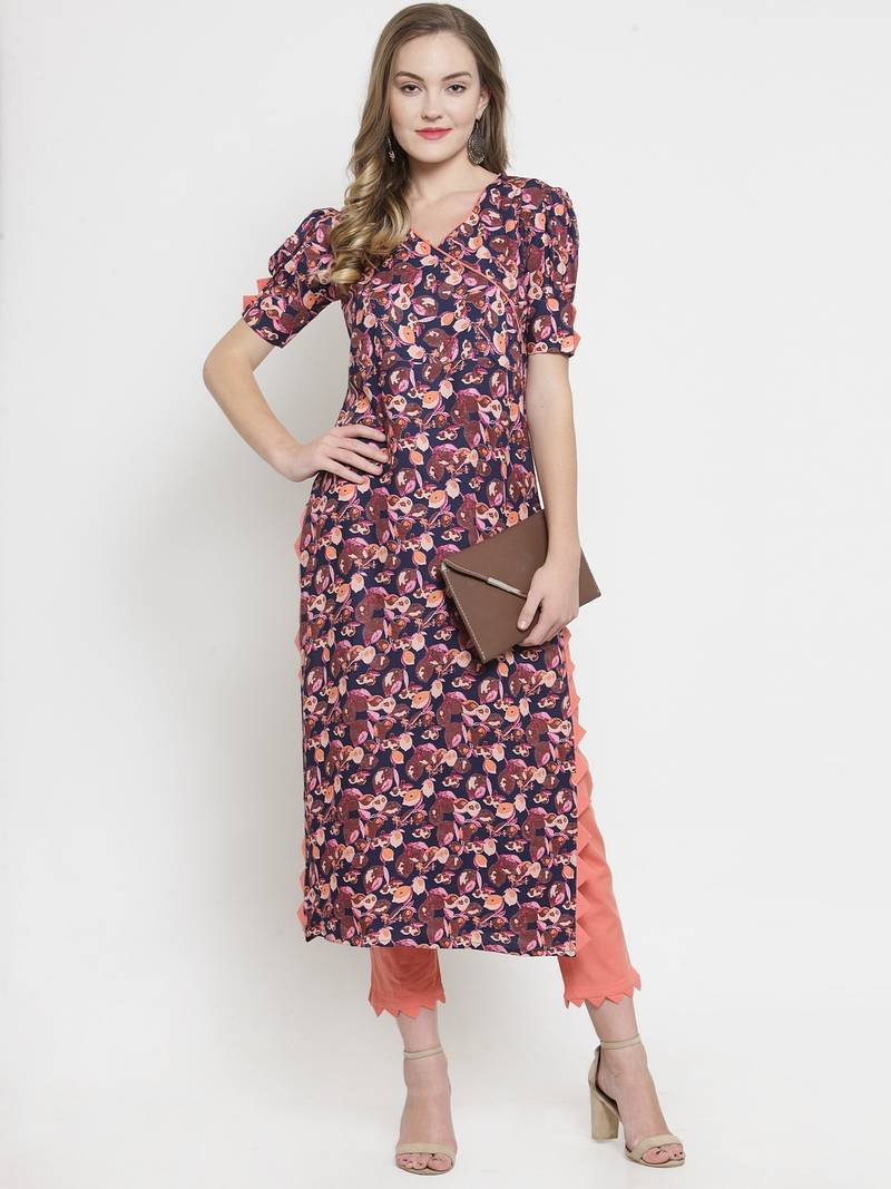 Indibelle Blue Rayon Printed Straight Kurta With Trouser