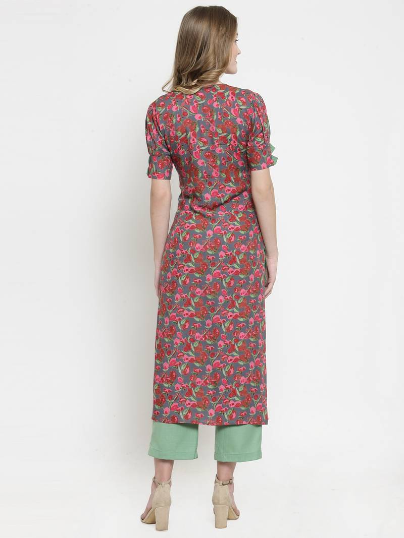 Indibelle Grey Rayon Printed Straight Kurta With Pant