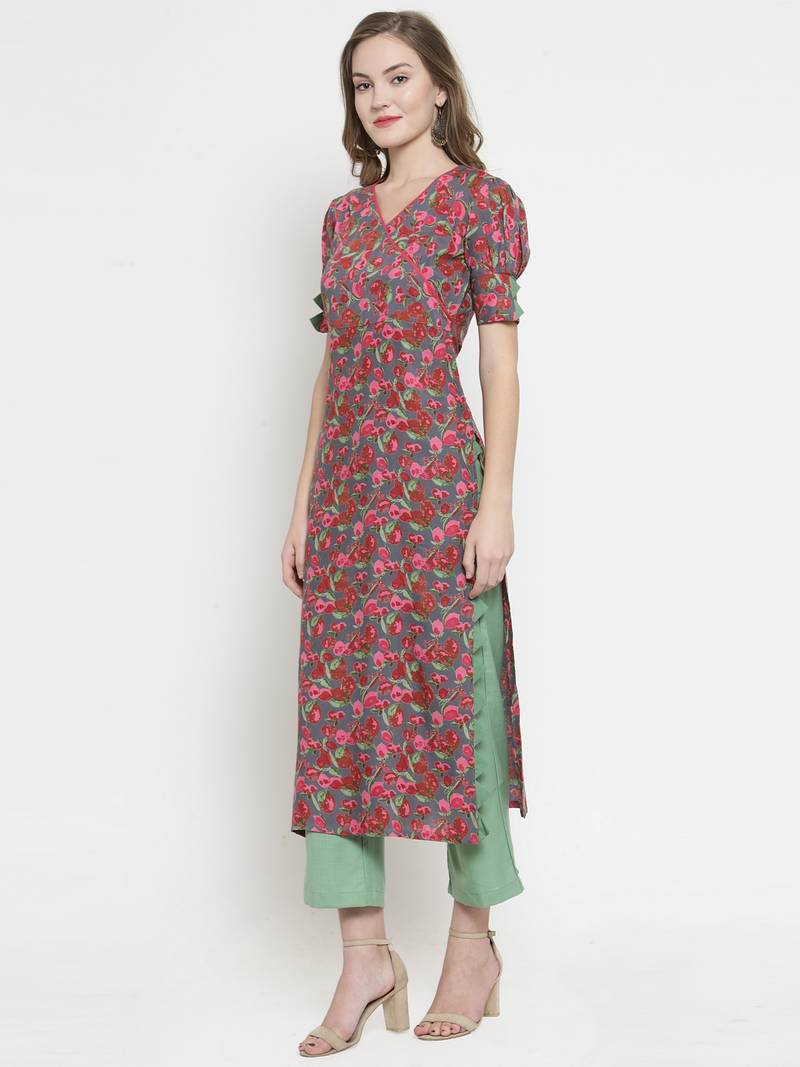 Indibelle Grey Rayon Printed Straight Kurta With Pant