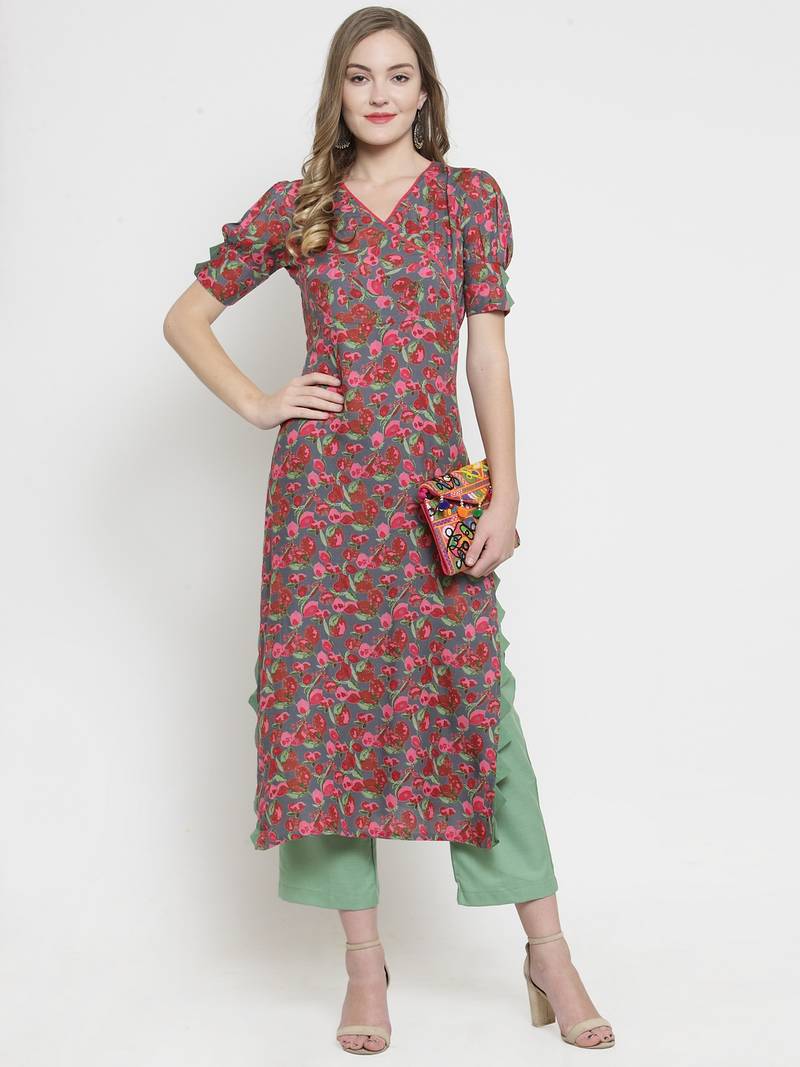 Indibelle Grey Rayon Printed Straight Kurta With Pant