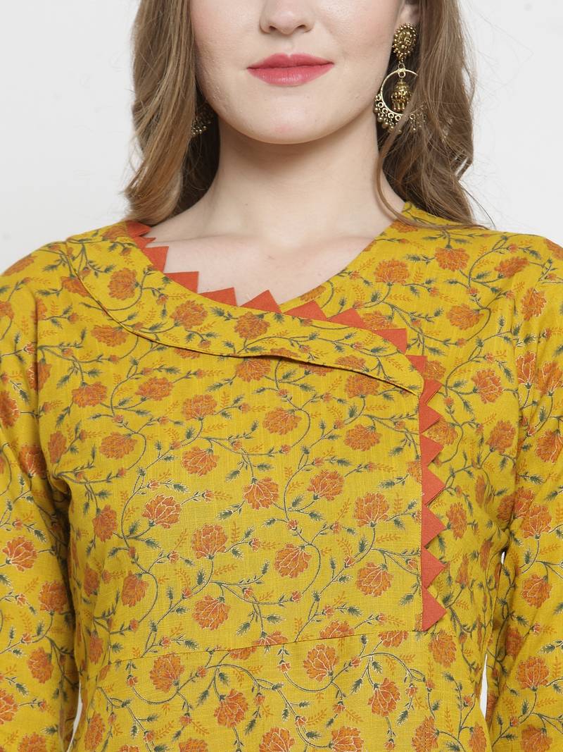 Indibelle Mustard Rayon Slub Florel Gold Print A-line Kurta With Trouser